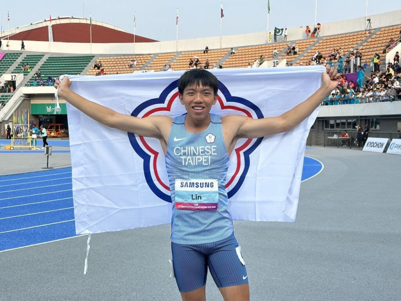 台灣21歲田徑新秀林仲威（圖）31日在2025亞洲田徑錦標賽男子400公尺跨欄決賽中，以49秒73成績再替台灣進帳1面銅牌。（中華民國田徑協會提供）中央社記者黎建忠傳真  114年5月31日   