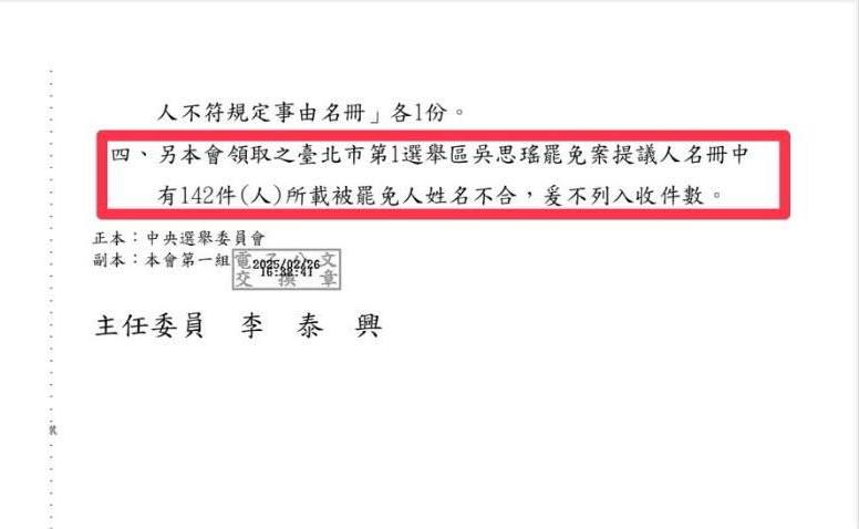 周軒今(2)日秀出公文表示,竟然有142件所載「被罷免人」不是吳思瑤,直呼太誇張了。 圖:取自周軒臉書