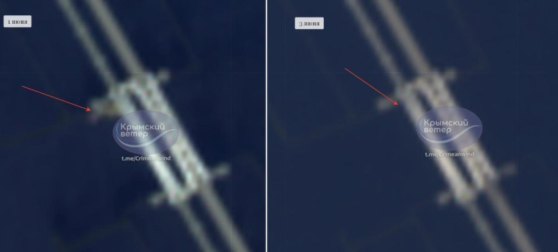 當地時間 1 日與 3 日拍攝的衛星照片顯示,爆破事件發生後,橋墩處明顯缺了一大塊。 圖:翻攝自 @Maks_NAFO_FELLA X 帳號