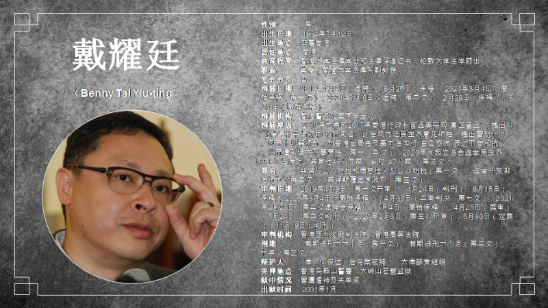 中國政治犯戴耀廷。   圖：北社提供