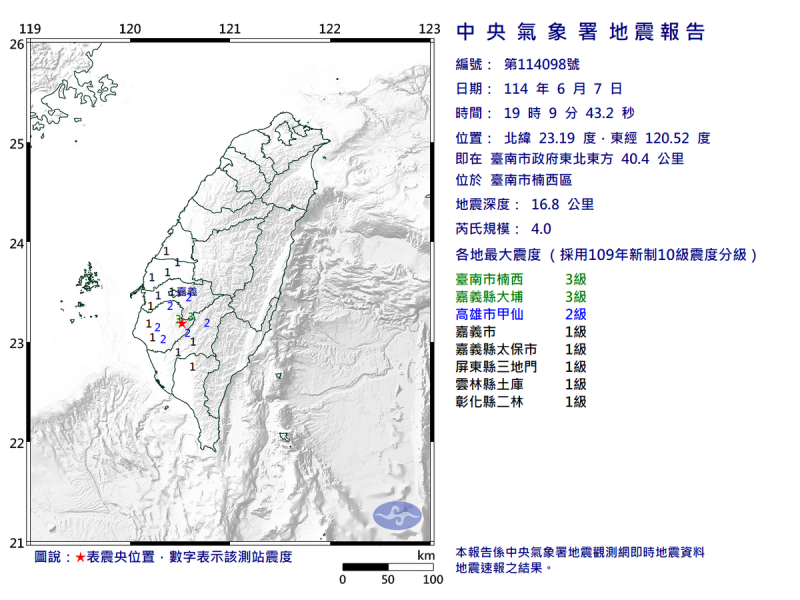06/07-19:09臺南市楠西區發生規模4.0有感地震 圖：中央氣象署   