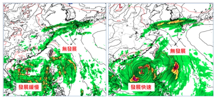 吳德榮表示,最新(7日20時)歐洲模式(ECMWF)週四(12日)8時模擬圖顯示,原掠過台灣東北部海面的熱帶擾動無發展,南海的熱帶擾動發展緩慢(左圖)。美國模式(GFS)週四(12日)8時亦有類似模擬,但南海的擾動發展快速(右圖)。 (圖擷自tropical.tidbits)