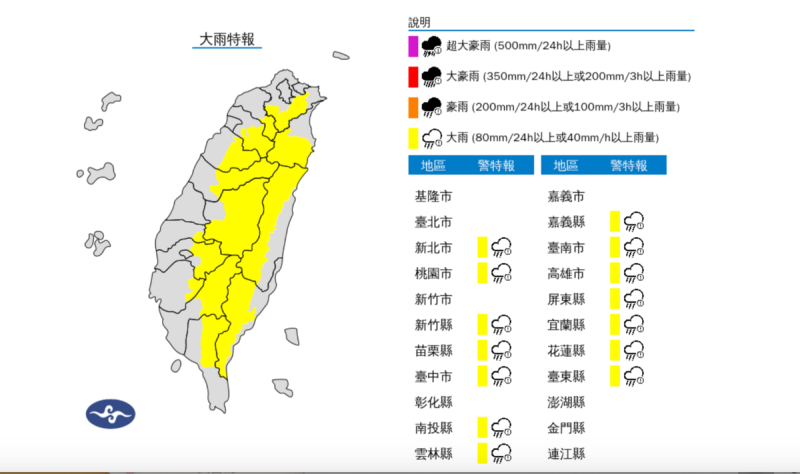 中央氣象署說，今(8)日各地山區有局部大雨發生的機率，請注意雷擊及強陣風，山區請慎防坍方及落石，低窪地區請慎防積水。另氣象署也對屏東縣發布災防告警。   圖：翻攝自中央氣象署官網
