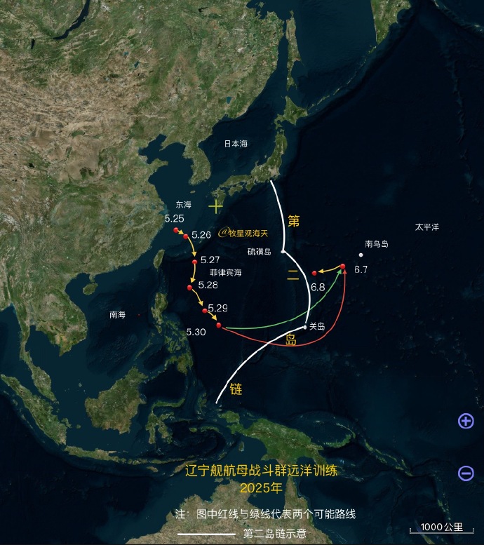 中國大陸博主《牧星觀海天》就航行時數推算,指遼寧號艦隊可能已先南行「繞過關島」再北上。 圖:翻攝「臉書」呂禮詩