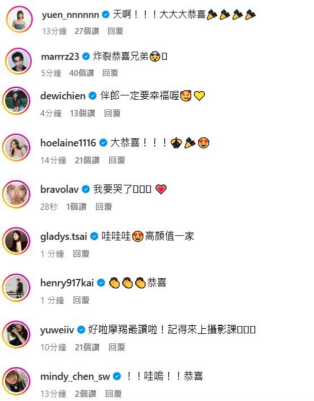 。大批網友及大咖明星,如林心如、宋芸樺、李李仁等人都紛紛獻上祝福,興奮表示,「恭喜!要幸福哦。」 圖:翻攝自劉品言IG