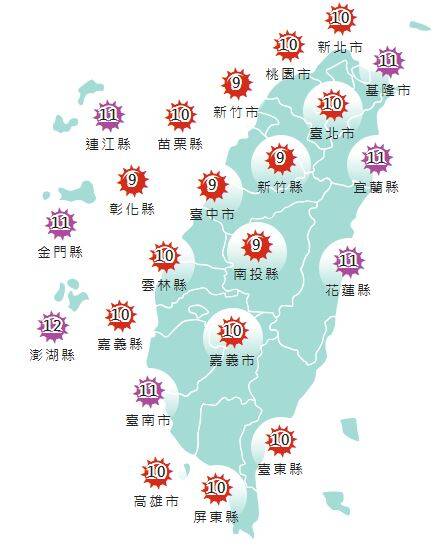 氣象署發布各地紫外線指數預報概況。 圖:氣象署提供