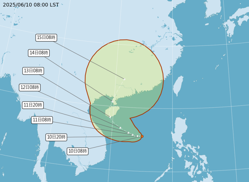 今(10)日上午8時位在南海的熱帶擾動生成熱帶低壓，最快明天就會成為今年首颱蝴蝶，未來以每小時7公里速度，向西進行，往中國海南島方向前進。中央氣象署說，颱風不排除偏向以低壓帶形式帶來水氣影響台灣。   圖：翻攝自中央氣象署官網