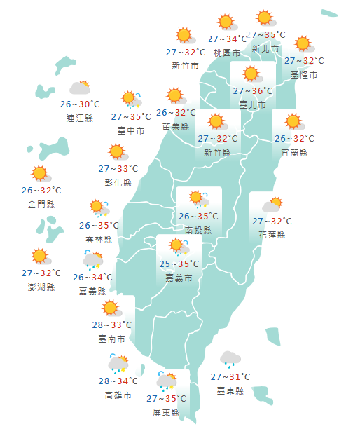 氣象署公布各地天氣預報概況。 圖:氣象署提供