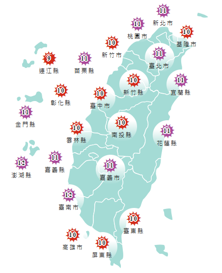 氣象署發布各地紫外線指數預報概況。 圖:氣象署提供