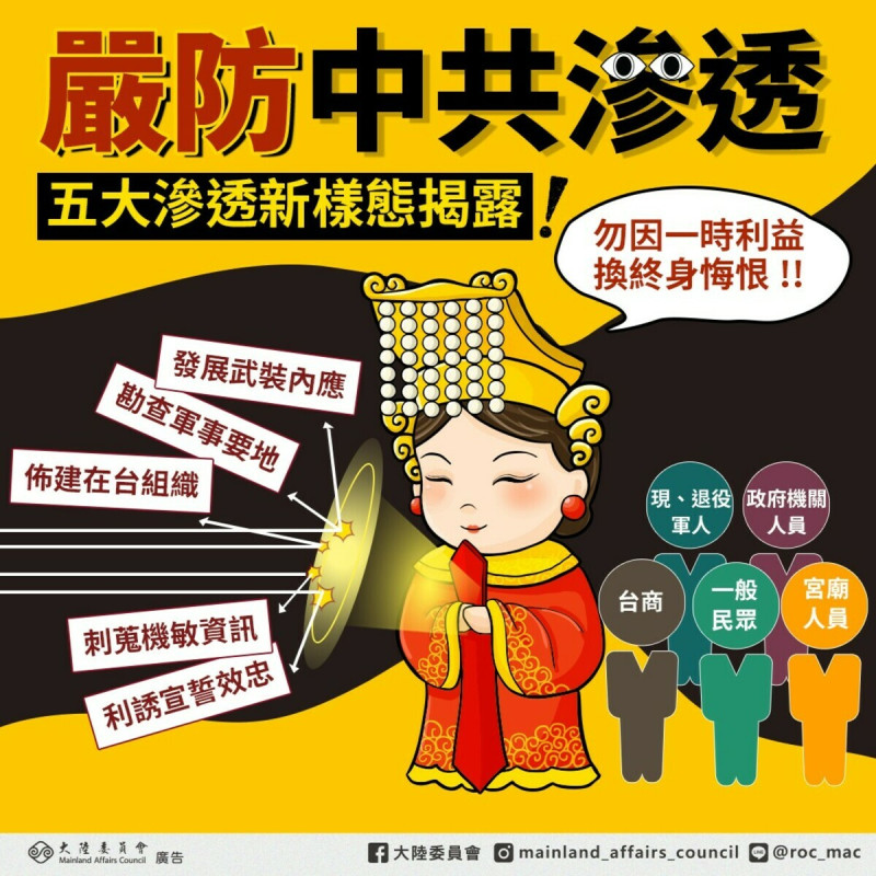 大陸委員會今（11）日表示，國家安全局揭露中共對台5種滲透新樣態，包括：發展武裝內應、勘查軍事要地、利誘宣誓效忠、刺蒐機敏資訊及「佈建在台組織」等。   圖：擷自陸委會臉書粉專