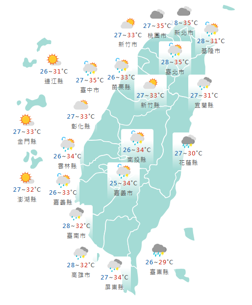 氣象署公布各地天氣預報概況。 圖:氣象署提供