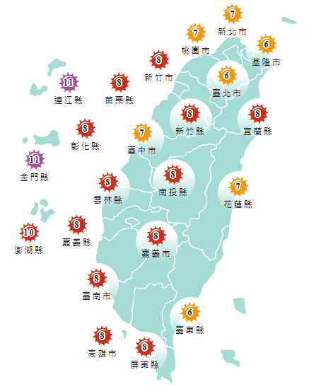 氣象署發布各地紫外線指數預報概況。 圖:氣象署提供