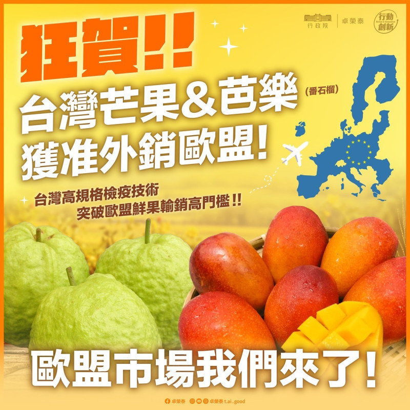 行政院長卓榮泰在臉書發文狂賀台灣芒果與芭樂可以外銷到歐盟了。   圖：卓榮泰臉書