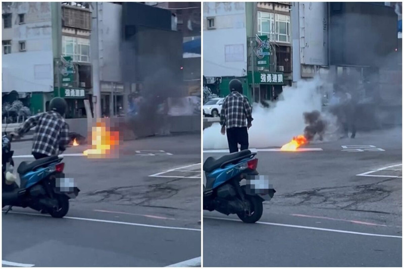 今日清晨台中一處加油站前發生自焚事件。   圖: 鏡傳媒（翻攝自爆料公社）