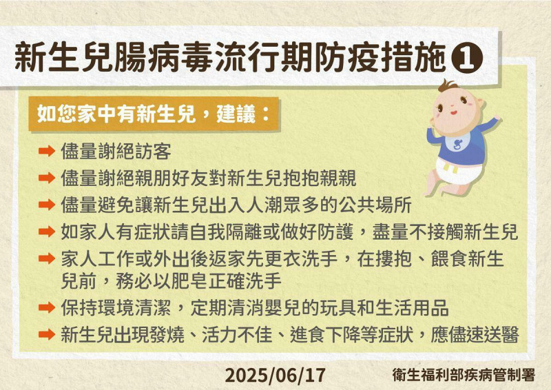 疾管署呼籲家中成人從外返家後,務必先更換乾淨衣物、用肥皂澈底洗手,才能接觸或餵食新生兒。若發現寶寶有發燒、躁動不安、食慾不振或抽搐等異常狀況,應立即送醫。 圖:疾管署/提供
