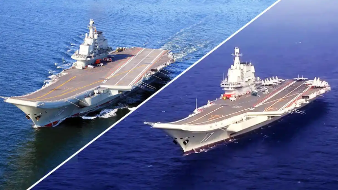 根據中國媒體《觀察者網》12 日報導，中國海軍日前首次派遣「遼寧號」(左)與「山東號」(右)組成雙航母編隊，突破第二島鏈，並在美軍重要基地，關島周邊海域進行近似實戰的軍事演練。   圖:翻攝自騰訊網