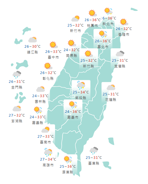 氣象署公布各地天氣預報概況。   圖：氣象署提供