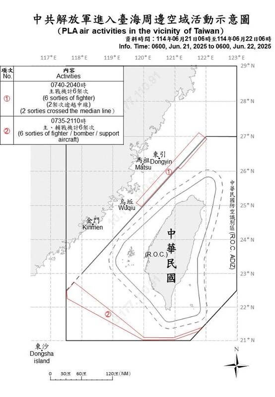 自6月21日上午6時至22日上午6時止，偵獲中共軍機12架次及軍艦6艘次在台海周邊活動。   圖/國防部提供