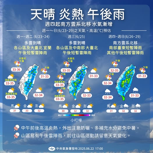 本週天氣型態以高溫炎熱搭配午後雷陣雨為主，週四（26日）起南方水氣逐漸北移，全台各地降雨機率提高。   圖:取自報天氣-中央氣象署臉書