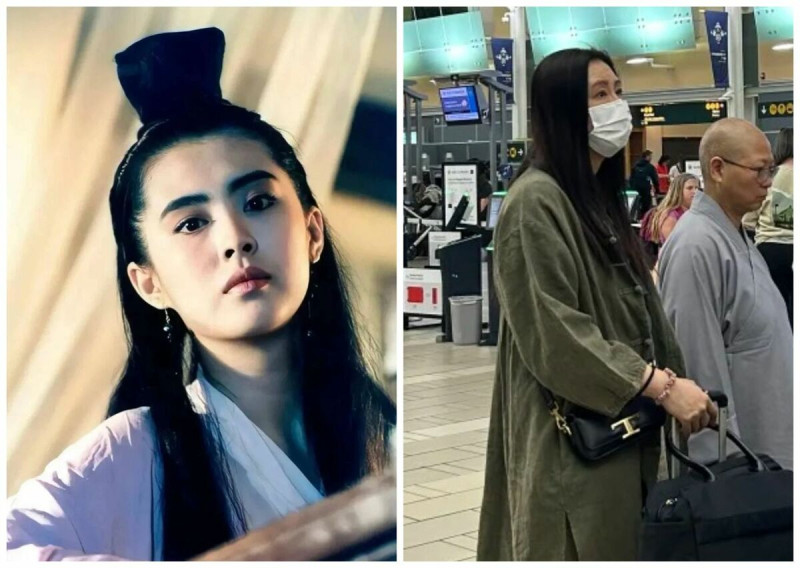 王祖賢過去演出《倩女幽魂》的聶小倩，深植人心（左圖），近日在溫哥華機場被粉絲捕獲（右圖）。（翻攝小紅書）   