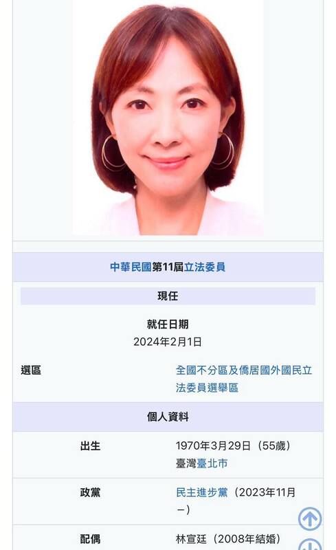 國民黨桃園市議員詹江村截取維基百科資料,指民進黨不分區立委郭昱晴的配偶林宣廷,在中國經商「賺紅錢」。 圖:翻攝「臉書」詹江村粉絲專頁
