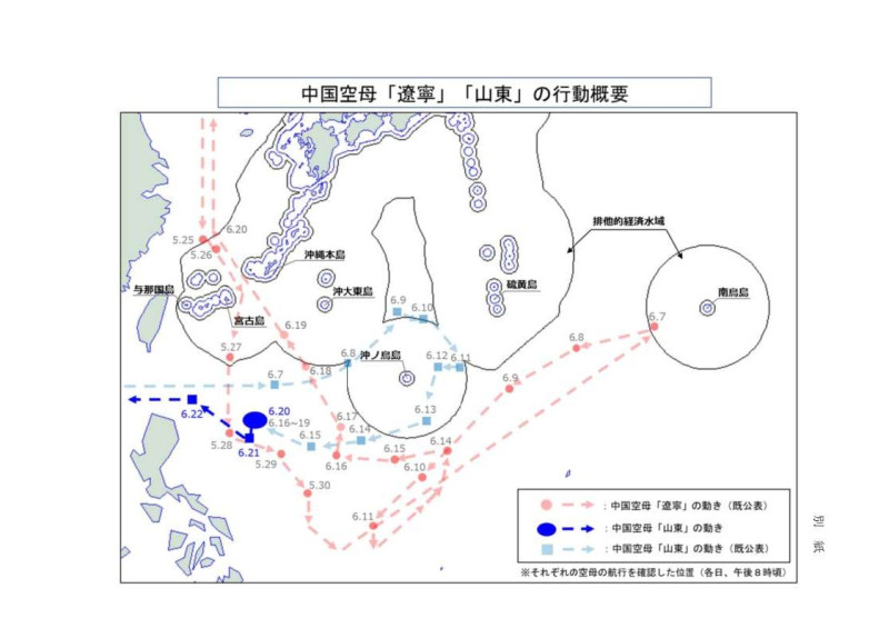 中國海軍「遼寧號」、「山東號」航艦自5月底起在西太平洋水域活動路徑。 圖:翻攝mod.go.jp