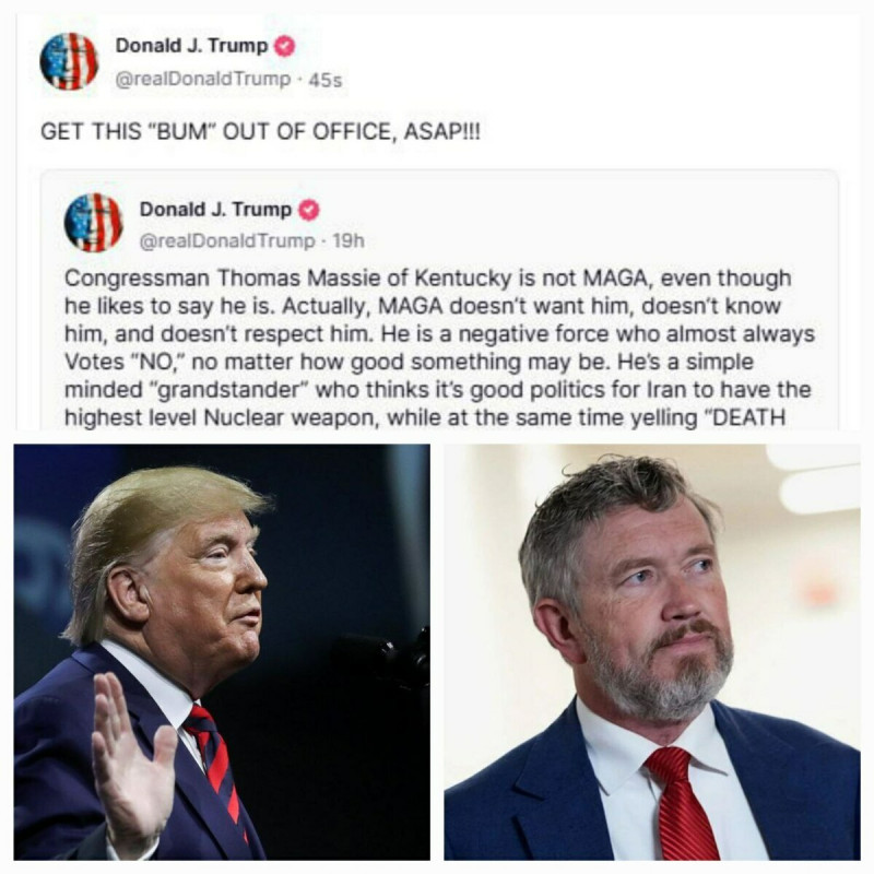 川普怒嗆批評其對伊政策的共和黨籍眾議員馬西(Thomas Massie)是「混蛋」、「可悲的失敗者」,喊話選民「盡快把這個混蛋趕下台!」 圖:翻攝自X帳號@nexta_tv 川普怒嗆批評其對伊政策的共和黨籍眾議員馬西(Thomas Massie)是「混蛋」、「可悲的失敗者」,喊話選民「盡快把這個混蛋趕下台!」 圖:翻攝自X帳號@nexta_tv