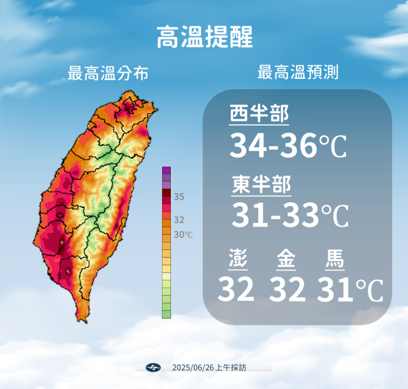 未來一週台灣將是典型夏季天氣型態,各地普遍高溫炎熱,氣象署表示,西半部高溫上看36度。 圖:氣象署/提供