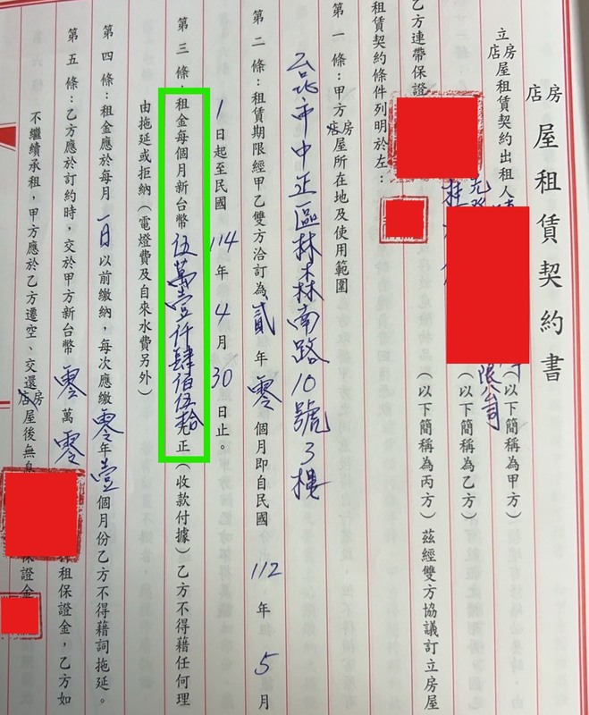 四叉貓曬出一張4300萬的商辦租約,指陳佩琪每個月不用做事就有5萬1450元的租金收入。 圖:取自四叉貓臉書