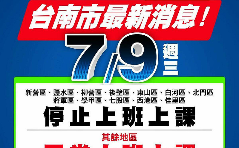 颱風重創南台灣！台南部分地區供電未恢復正常 12行政區7/9停班課