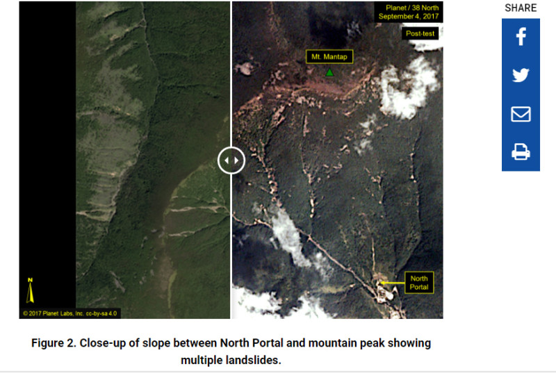 「北緯38度」公布朝鮮萬塔山豐溪里核試場衛星圖像，左圖為9月1日拍攝，右圖為3日試爆過後，明顯有山體崩塌。   圖：翻攝「北緯38度」網站