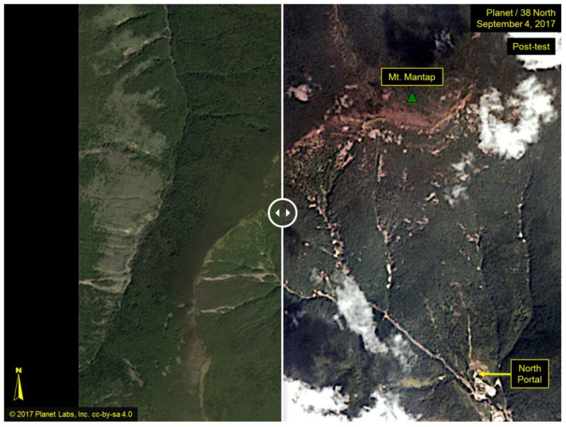 北韓核試場地發生山崩，且較先前5次更大規模，目前從崩塌處看不出是否有坑洞，專家無法確定輻射物質是否飄散至地表。(左為1日所攝，右為4日衛星照片)   圖：翻攝「北緯38度」網站
