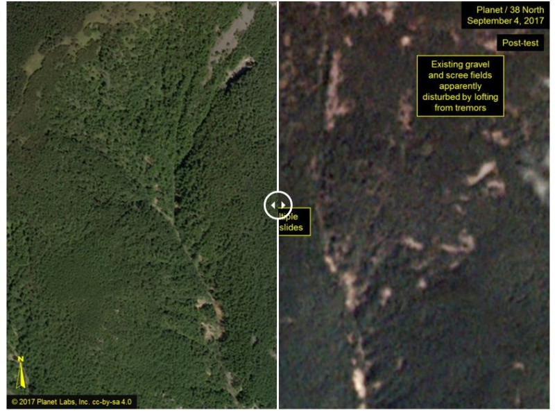 豊溪里的核試場在試爆後有多處土石崩落的跡象。(左為1日所攝，右為4日衛星照片)   圖：翻攝「北緯38度」網站