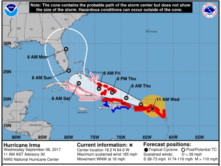 哈維颶風上週重創德州後，怪獸颶風艾瑪6日狂掃加勒比海島嶼造成重大損害。   圖：翻攝國家颶風中心（www.nhc.noaa.gov）
