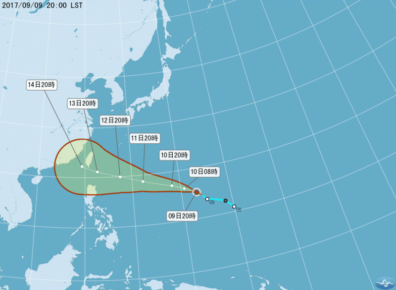 中央氣象局發布颱風訊息，今年第18號颱泰利形成。   圖：中央氣象局