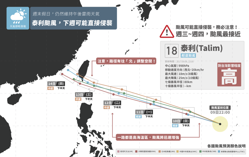 FB天氣即時預報粉絲專頁估計泰利颱風在週四恐怕將直接侵襲台灣。   圖：天氣即時預報FB提供
