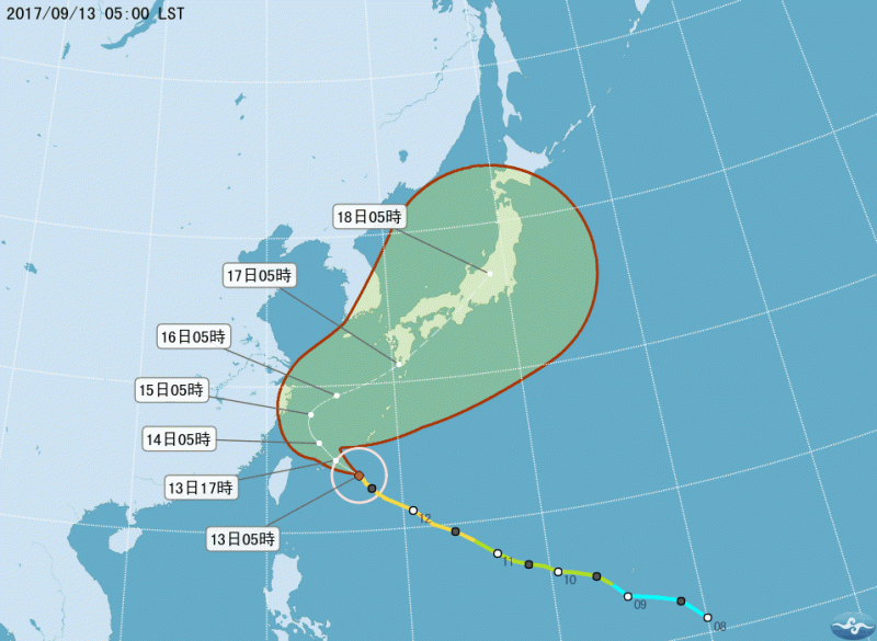 第18號颱風泰利路徑潛勢預測圖   圖：中央氣象局／提供