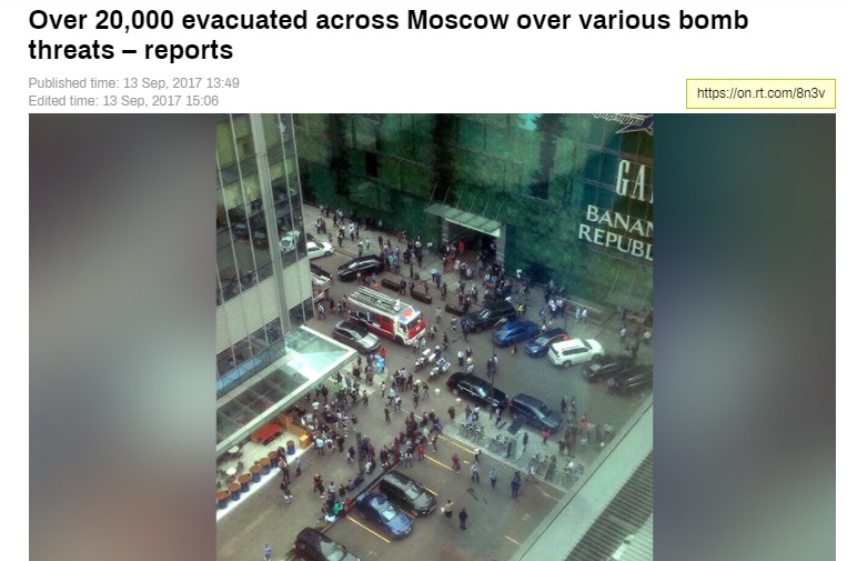 俄國莫斯科13日驚傳購物中心、火車站、學校等30處遭炸彈威脅，約2萬人被疏散。   圖：翻攝Russia Today網站