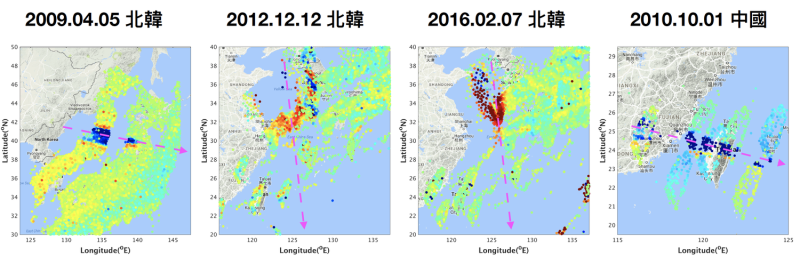 成大研究團隊成功監測到2009、2012、2016北韓火箭發射及2010中國嫦娥衛星發射產生的電離層擾動(藍、紅)。   圖：成功大學/提供