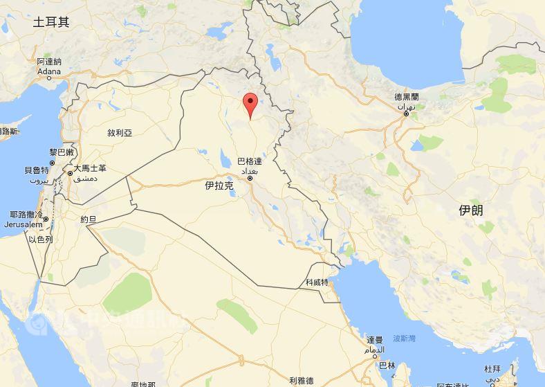安全官員說，伊拉克北部大城基爾庫克（紅標處）發生鎖定販賣酒類商店的汽車炸彈攻擊事件，造成3名平民死亡和9人受傷。   圖取自Google地圖