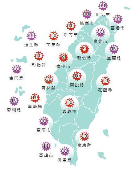 氣象署發布各地紫外線指數預報概況。 圖:氣象署提供