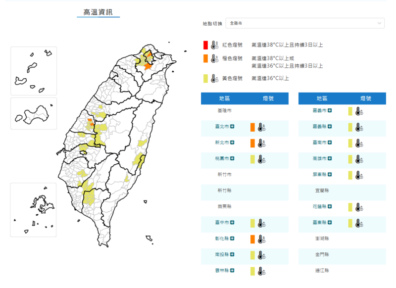 中央氣象署今(30)日下午發布高溫特報！台北市、新北市、彰化縣為橙色燈號，有連續出現36度高溫機率。   圖：中央氣象署提供