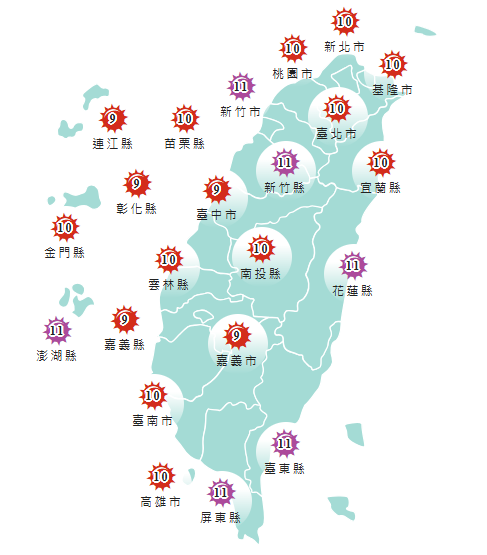 氣象署發布各地紫外線指數預報概況。   圖：氣象署提供