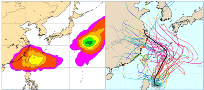 下週一(7日)模擬圖顯示，有兩個「輕颱」存在機率較高的區域，一在日本東南方海面的60%，另一在琉球附近的40%，台灣也有30%。   圖：翻攝自財團法人氣象應用推廣基金會