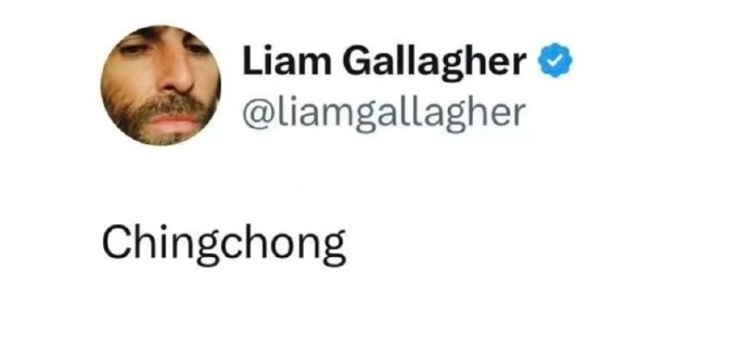 英國知名搖滾樂隊綠洲主唱利亞姆·加拉格 （Liam Gallagher）在推特上貼上「Chingchong」( 清蟲 )字眼，涉嫌辱華。   圖 : 翻攝自推特