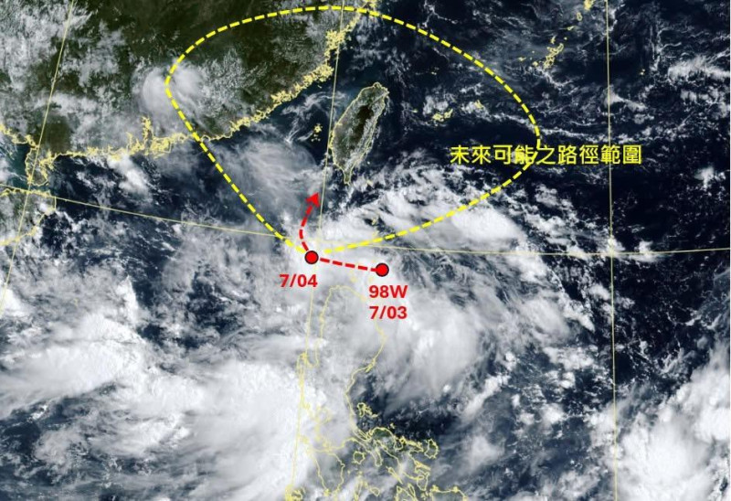 熱帶擾動98W持續醞釀，吳聖宇指出，週末可能逐漸增強為熱帶性低氣壓，且距離台灣極近。   圖：吳聖宇臉書粉專