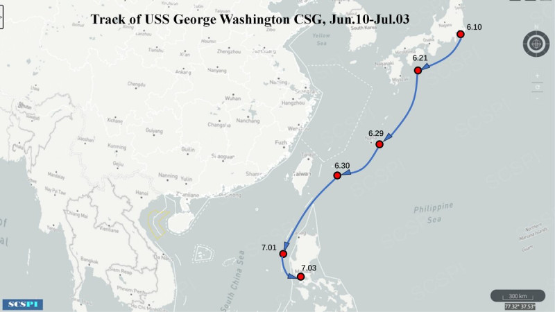 中國半官方智庫「南海戰略態勢感知」PO出航跡圖，稱美國海軍「華盛頓號（CVN-73）」航空母艦，「拐進」菲律賓中部海域的塔布拉斯海峽。   圖：翻攝「X」@SCS_PI