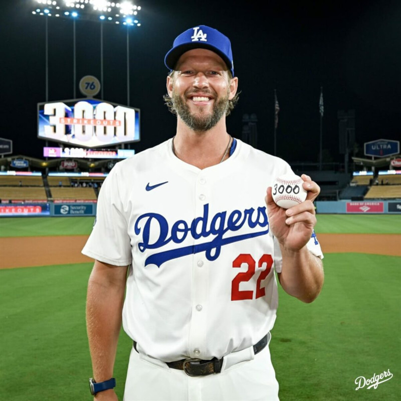 MLB洛杉磯道奇投手柯蕭2日成為大聯盟歷史上第20位達成生涯第3000次三振的投手。（圖取自x.com/dodgers）   