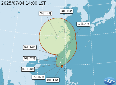 氣象署預估熱帶性低氣壓TD06今(4)晚至明(5)晨增強為輕度颱風「丹娜絲」。   圖：取自中央氣象署