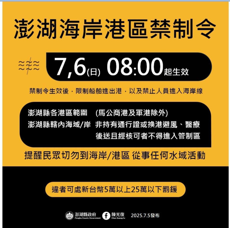 澎湖縣政府發布海岸港區禁制令於7月6日8時起生效。   圖/澎湖縣政府